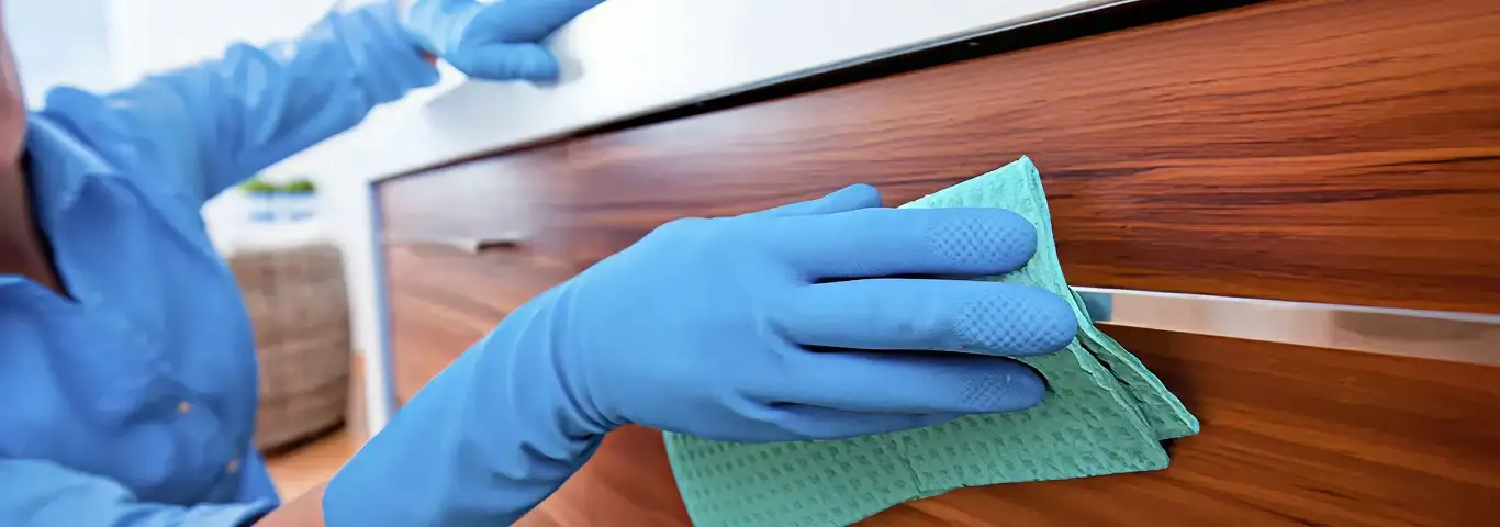 Cleaner wearing blue gloves wiping a wooden cabinet drawer with a microfiber cloth for dust and grime removal, Baton Rouge, LA.