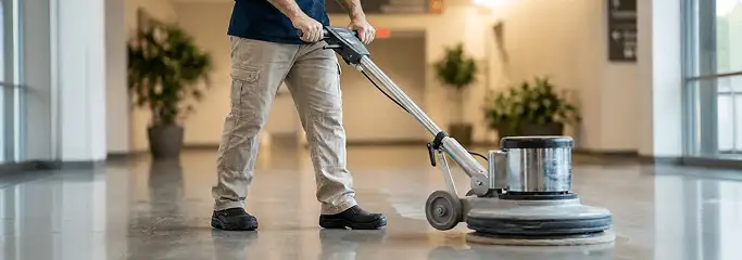 Professional technician using an industrial floor buffer to polish and maintain shiny commercial flooring in a corporate hallway in Baton Rouge, LA.
