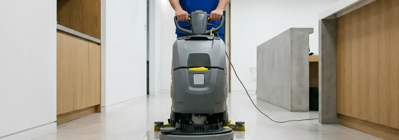 Janitorial staff using a floor scrubber machine to clean a commercial hallway, Baton Rouge, LA.