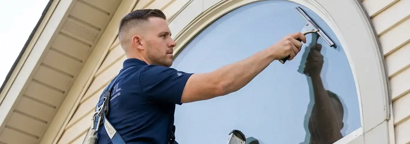 Professional window cleaner using a squeegee to clean an exterior arched window on a home, Baton Rouge, LA.
