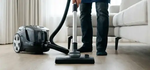 Professional house cleaner vacuuming a living room floor with a canister vacuum cleaner, Baton Rouge, LA.