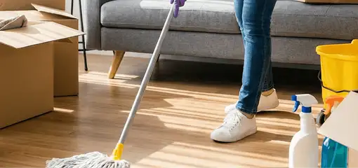 Move-out cleaning setup with a cleaner mopping hardwood floors near moving boxes and cleaning supplies, Baton Rouge, LA.