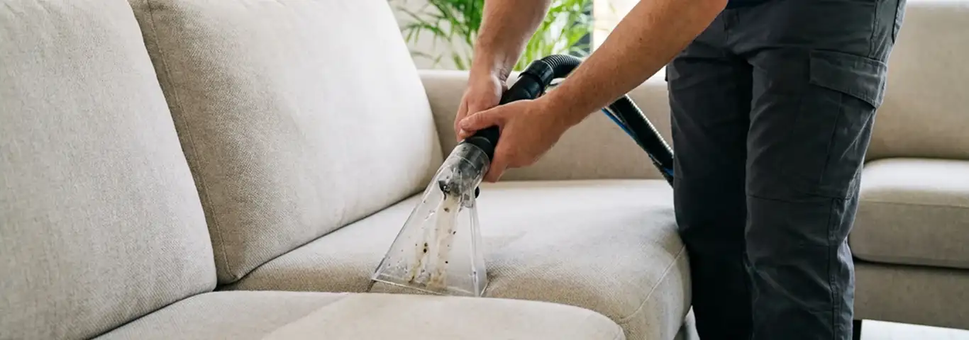 Technician extracting dirt and moisture from a fabric sofa with an upholstery cleaning wand, Baton Rouge, LA.