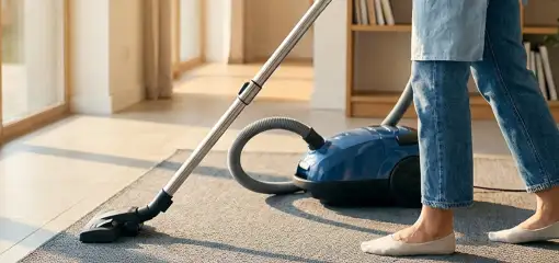 Person vacuuming a living room rug with a canister vacuum cleaner near large windows, Baton Rouge, LA.